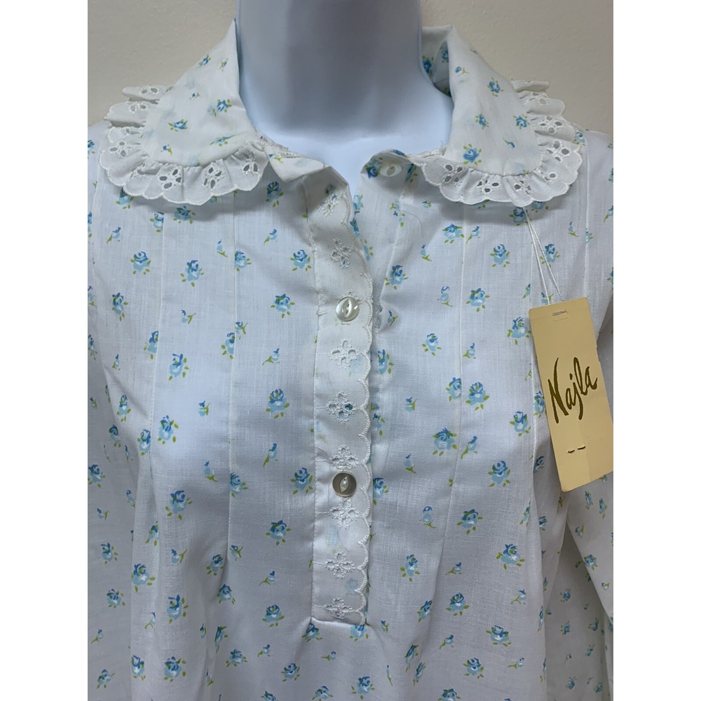 Vintage Najla New York Night Shirt Dainty Blue Floral Cotton Dacron M USA NOS - Picture 3 of 11